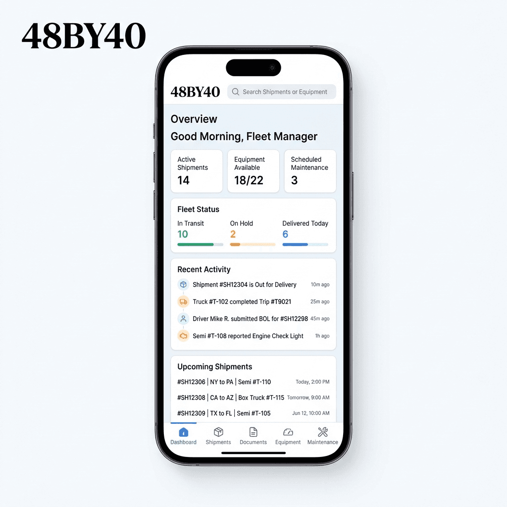 Vertical phone mockup of the 48BY40.io mobile dashboard — KPI strip, asset list, primary CTA bar