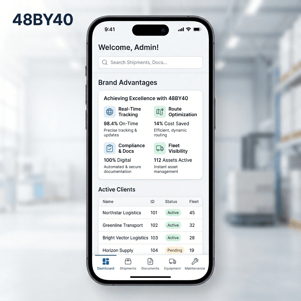 Phone showing the 48BY40.io app surface in use — notification toast, asset card, and tab bar