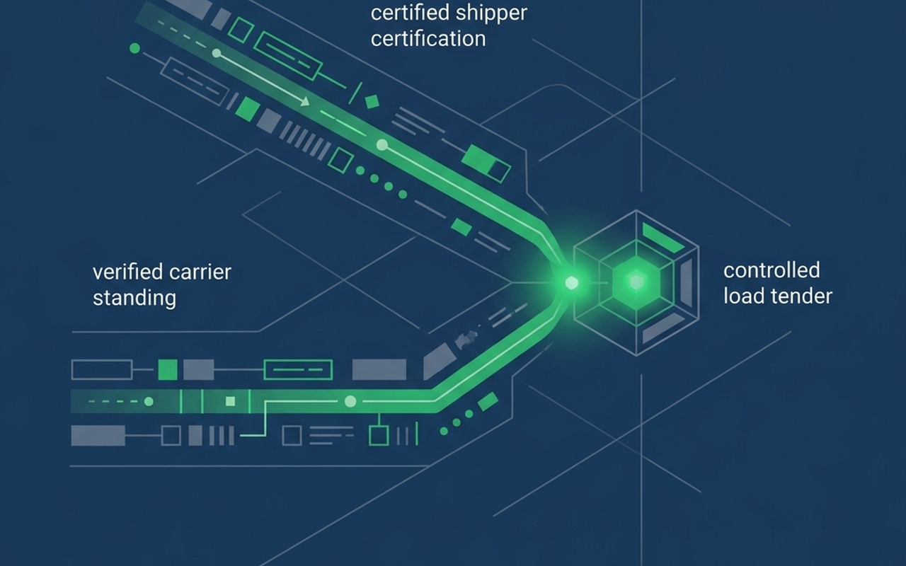 Verified carrier standing and certified shipper certification converging on a controlled load tender.